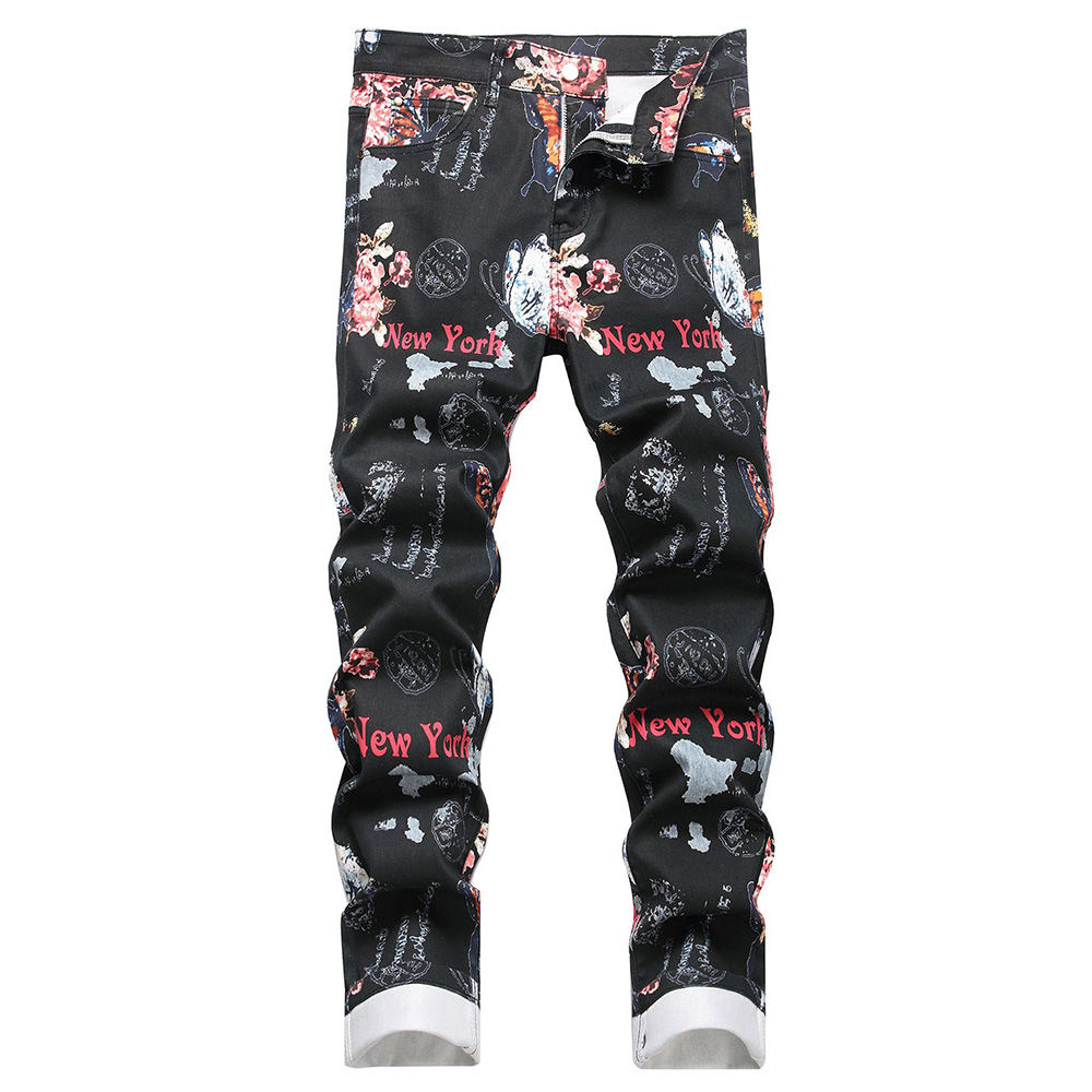 Street Fashion Of New York - Men Digital Print Jeans Fashion Flower