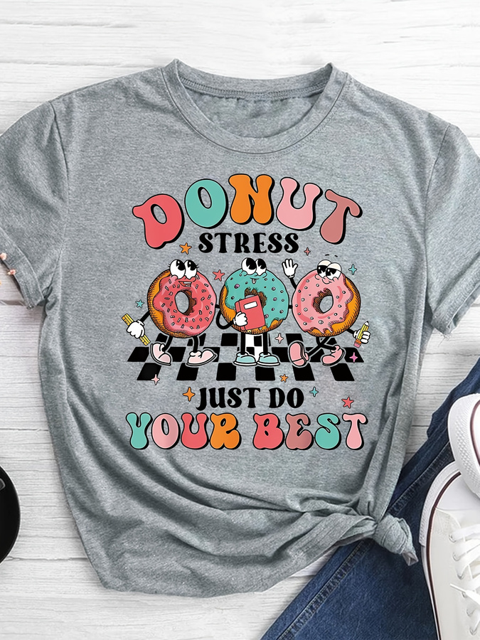 Street Fashion Trends 2025 - Cartoon Donut Print T-shirt, Short Sleeve