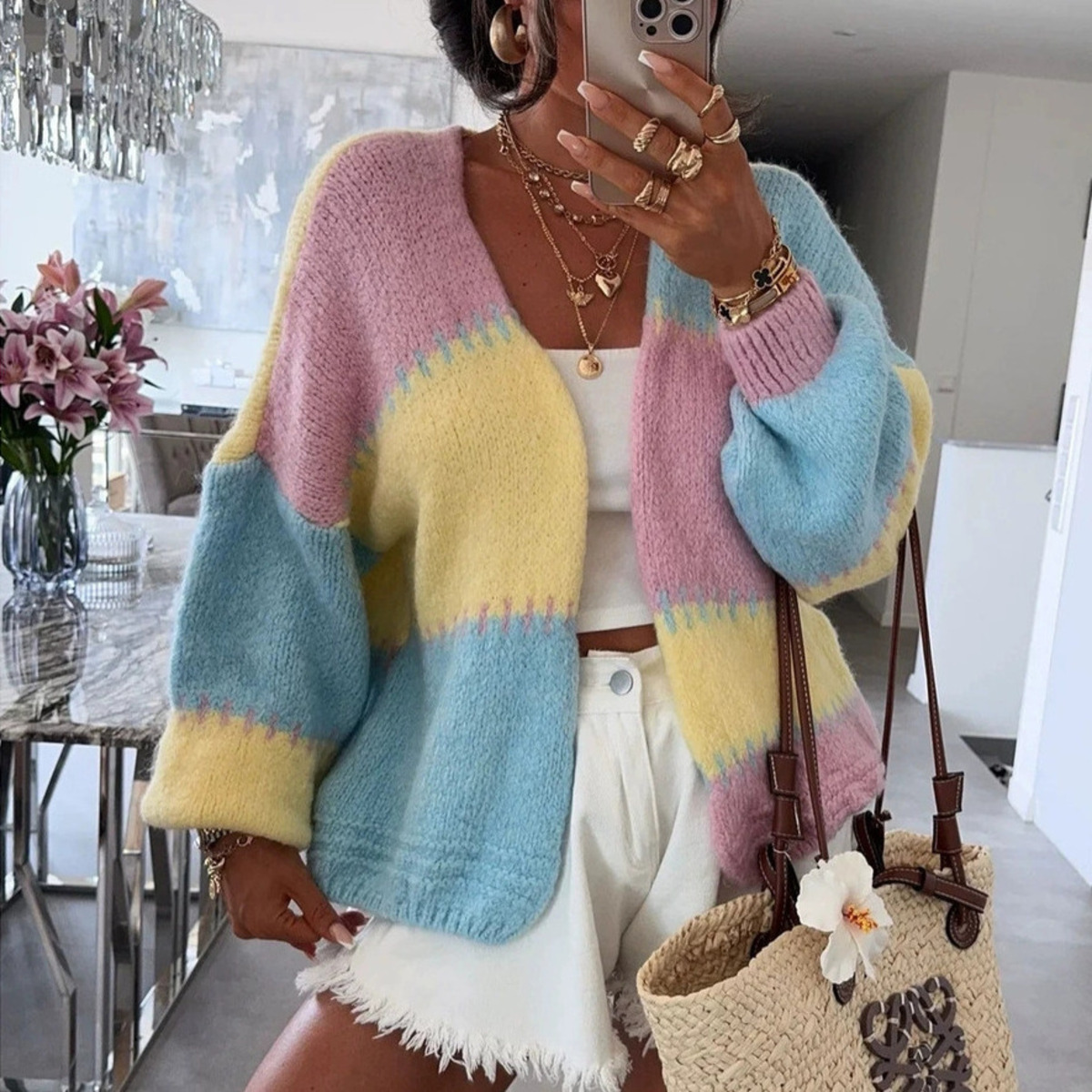 Street Fashion Winter 2025 - Color Block Patchwork Cardigan For Women